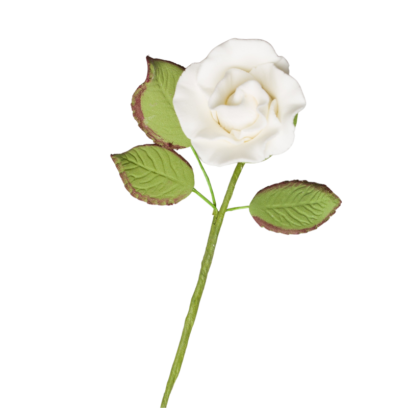 1.25" Rose on Stem w/ Leaves - Small - White