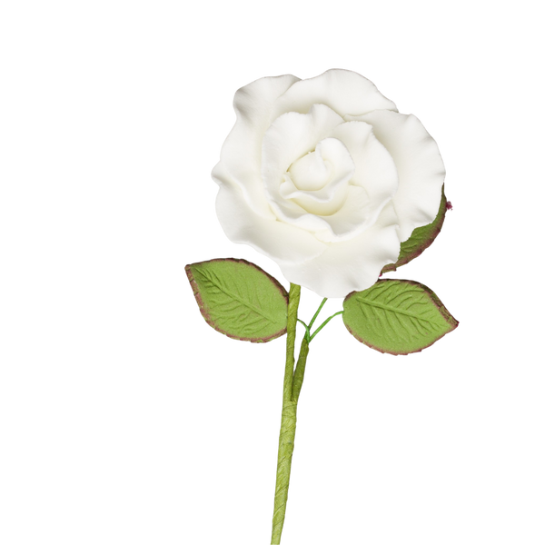 1.5" Rose on Stem w/ Leaves - Medium - White