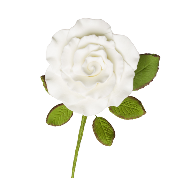 3" Rose on Stem w/ Leaves - Large - White