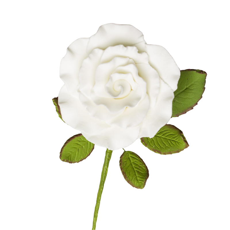 Rosa con tallo de 3" con hojas - Grande - Blanco