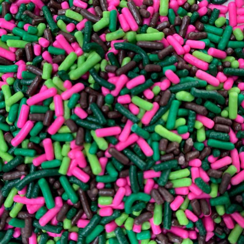 Sprinkles rosa-verde oscuro-verde-lima-marrón (Jimmies)