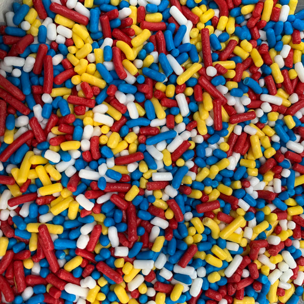 Sprinkles rojo-amarillo-azul-blanco (Jimmies)