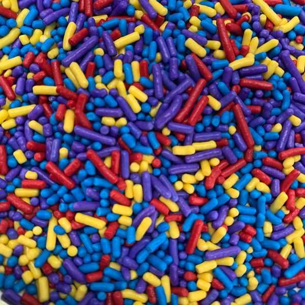 Sprinkles rojo-amarillo-azul-púrpura (Jimmies)