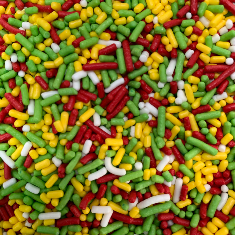 Sprinkles rojo-amarillo-verde lima-blanco (Jimmies)